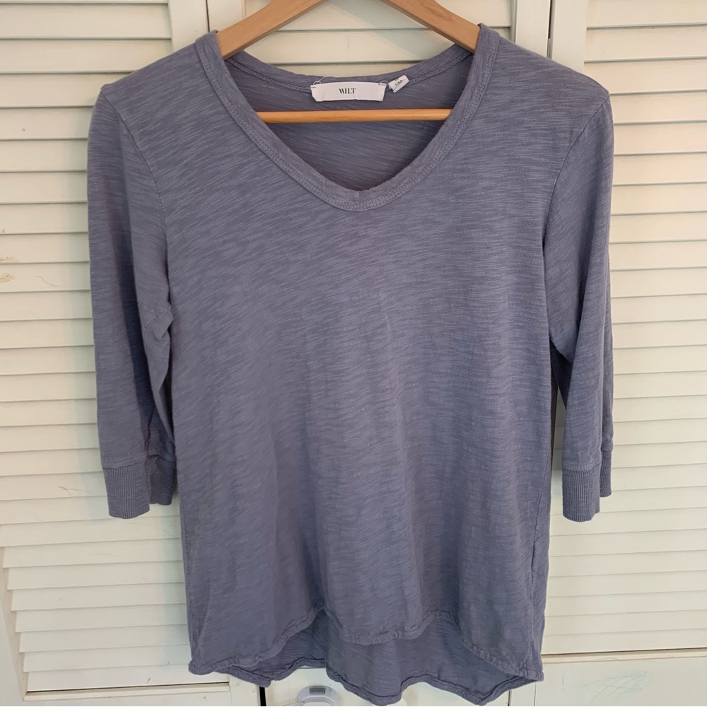 WILT‎ V-Neck Hi-Lo 3/4 Sleeve Shrunken Boyfriend Top XS Periwinkle Cotton USA